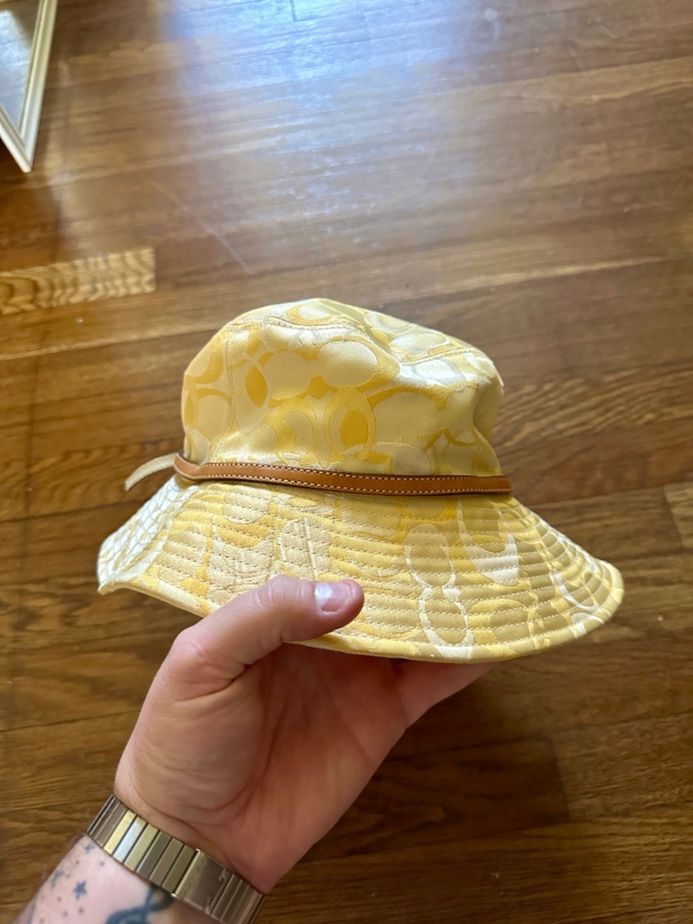 Coach Yellow Signature Bucket Hat with Leather Band - Picture 4 of 6